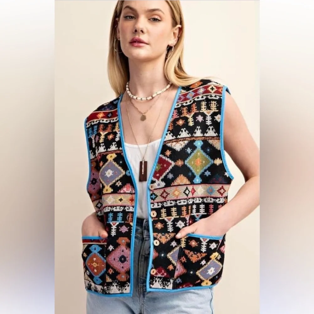 Beautiful GiGio vest with geometric pattern, oversized small, boxy fit - Picture 1 of 10
